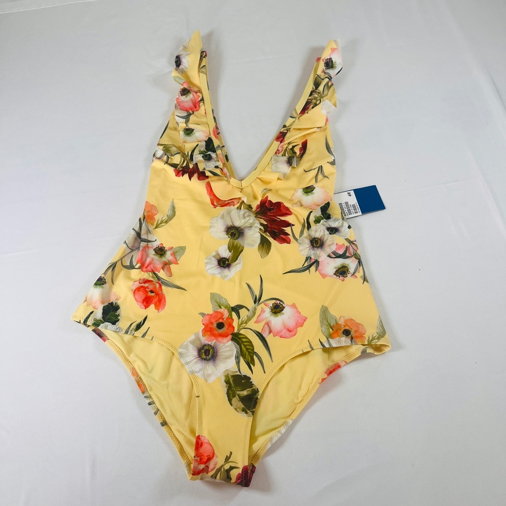 H&M Yellow Floral Ruffle V-Neck One Piece Swimsuit Size 12 Cross Back New
